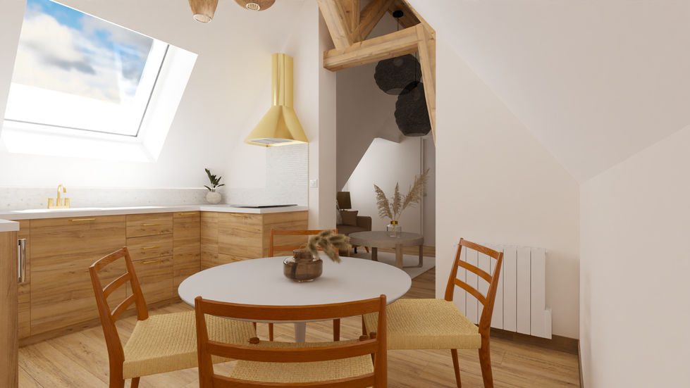 Cuisine, logement atypique, poutre, bois, airbnb, vacances, soubassement, Marne
