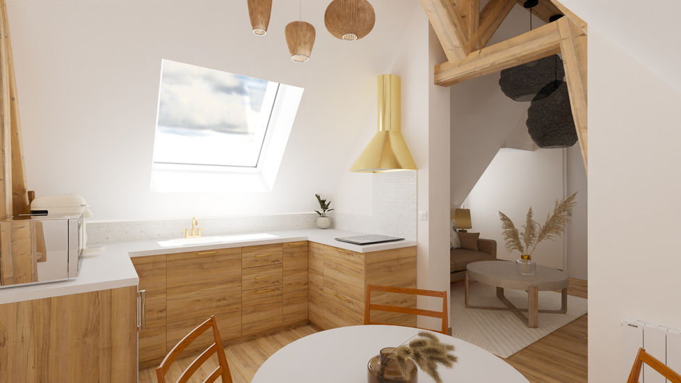 Cuisine, logement atypique, poutre, bois, airbnb, vacances, soubassement, Marne