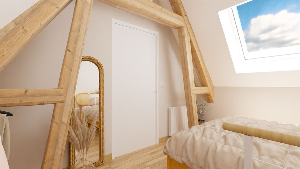 Chambre, logement atypique, poutre, bois, airbnb, vacances, soubassement,