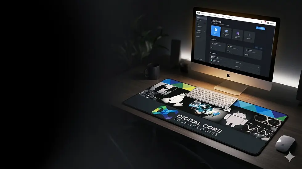 Large neoprene mousepad on an office desk .webp