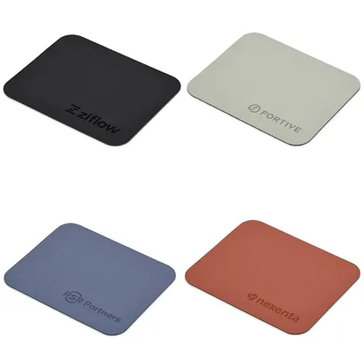 PU mousepads with branding showing four colours available.webp