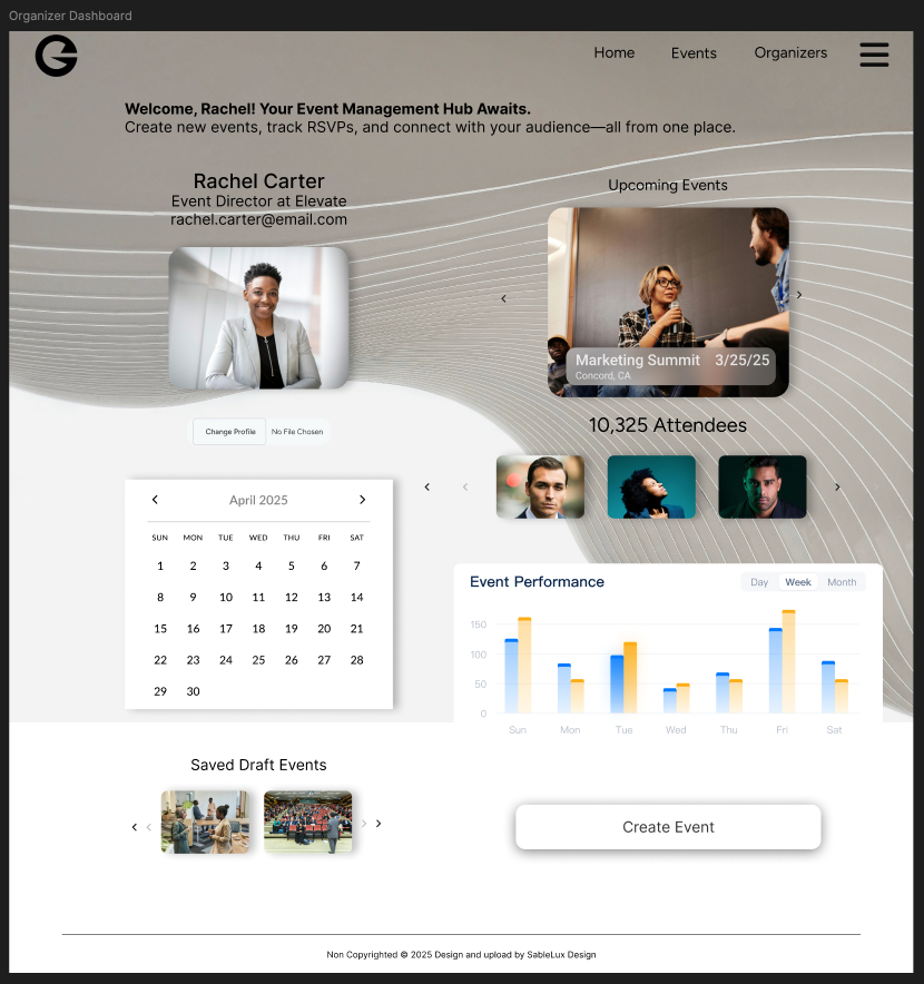 Gatherly Organizer Dashboard showing Rachel Carter’s profile, calendar, upcoming Marketing Summit event, attendee count, event performance chart, saved draft events, and a Create Event button on a sleek gray background.