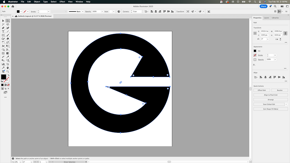 Screenshot of Adobe Illustrator 2025 displaying a vector-based logo design for Gatherly. The logo features a bold, black circular ‘G’ with a stylized arrow shape cut into the center, pointing right. Anchor points and path outlines are visible, indicating the object is in editing mode. The Illustrator interface shows active tools, path settings, and design alignment options.