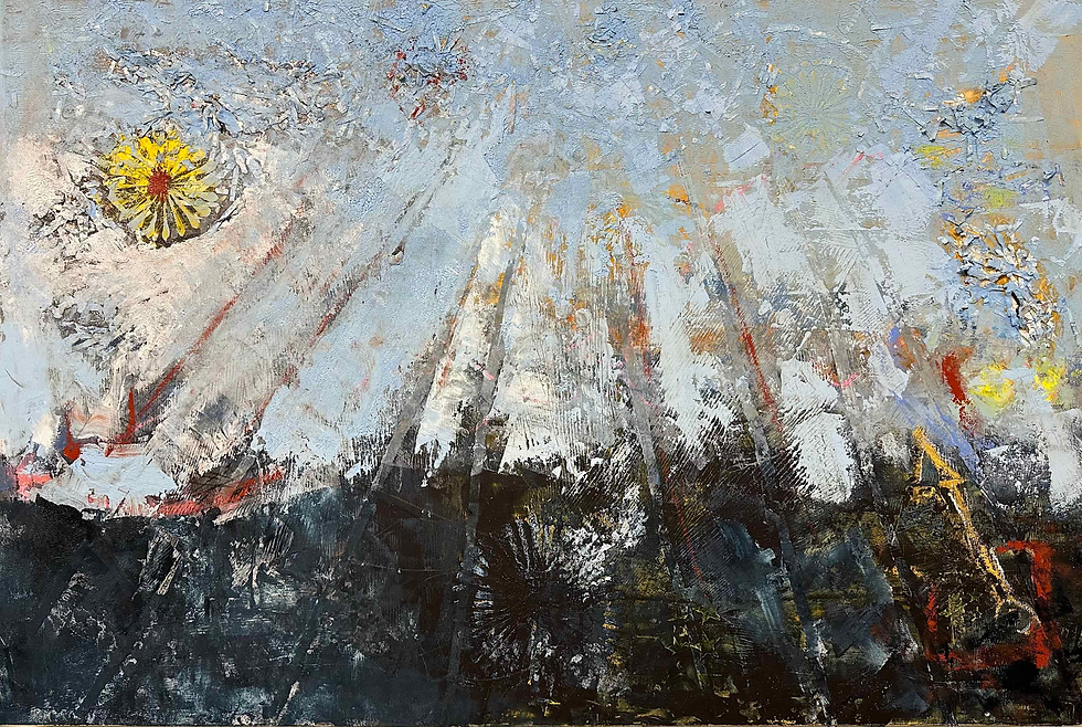 Abstract landscape art with shades of light blue and deep blue and yellow accents
