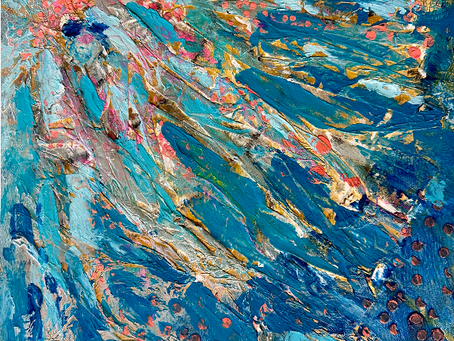 Abstract painting in shades of blue with pops of orange and pink