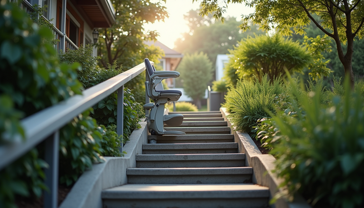 Eye-level view of an outdoor stairlift installed on a residential staircase surrounded by greenery