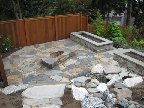 stone patio firepit planters hardscape Seattle WA
