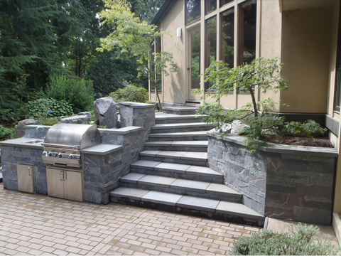 stone outdoor kitchen, stone stairs, natural stone veneer, built in grill, stainless steel cabinet 