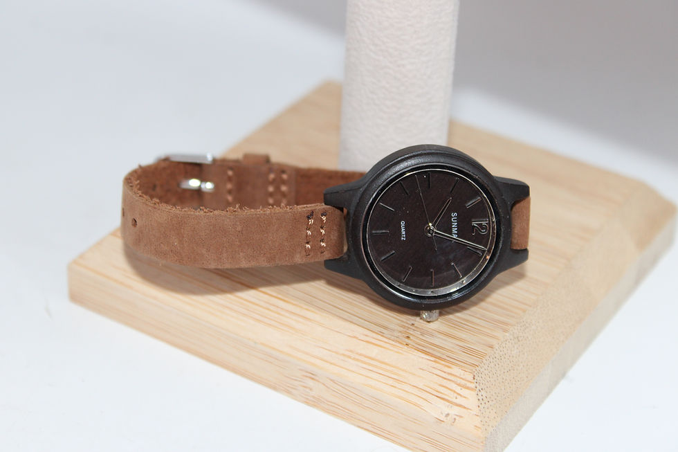 Thumbnail: Refurbished Black Face Sunmax Minimalist Brown Suede Band Imitation Wood Watch