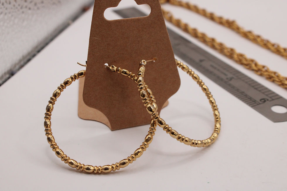 Thumbnail: Vintage Gold Tone 24" Necklace Matching Earring Hoop Set Oval Beads