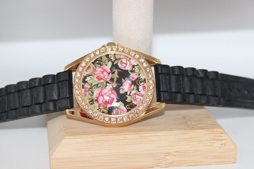 Thumbnail: Simple Pink Flower Black Silicone Band Ladies Watch