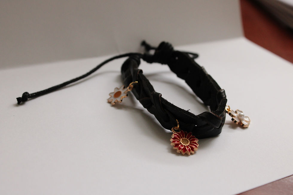 Thumbnail: Simple Black Red Leather Bracelet #29 Flower Charm