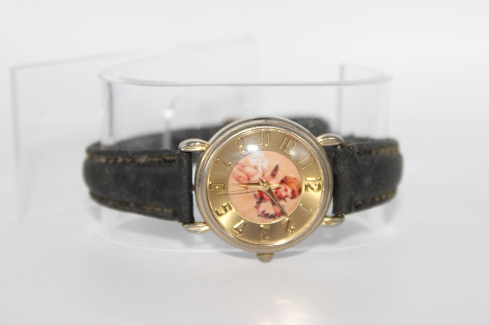 Thumbnail: Vintage Gold Tone Cherub Angel Face Black Band Watch
