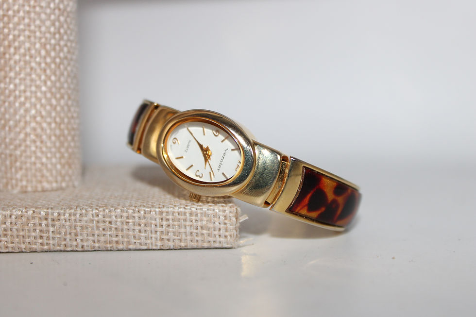Thumbnail: Vernier Brand Oval Faced Ladies Bangle Watch Leopard Brown Gold Tone
