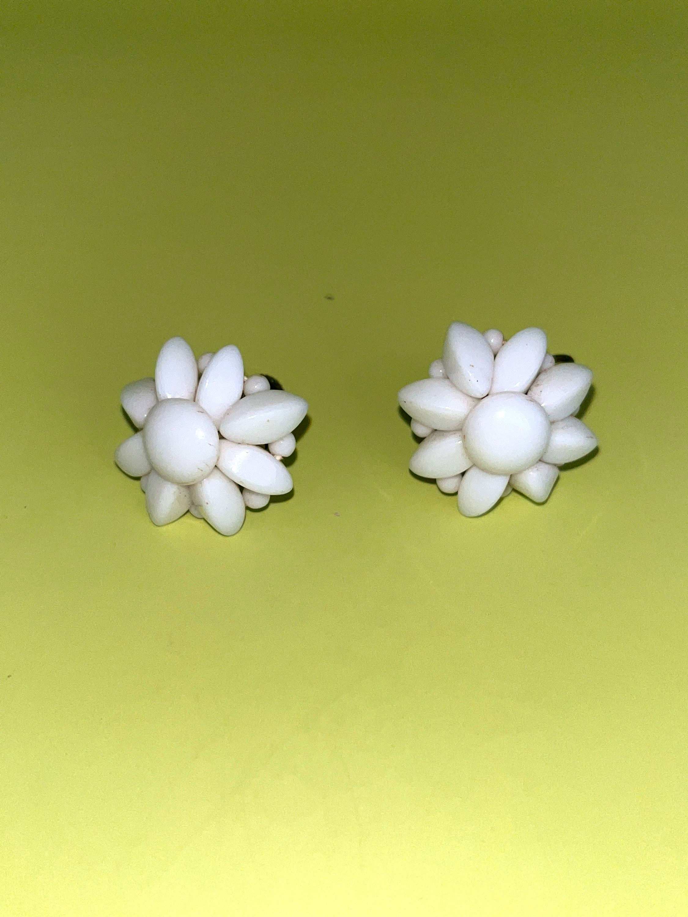 Vintage Germany White Beaded Flower Screw Back Earrings