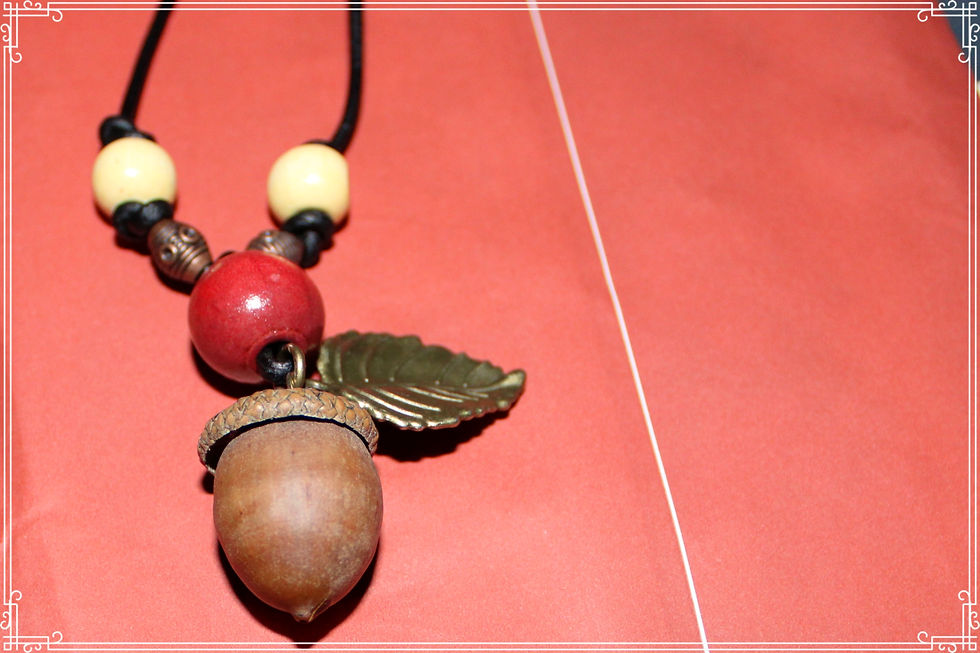 Thumbnail: 22” Leather Acorn Necklace Red Bead Leaf Pendant