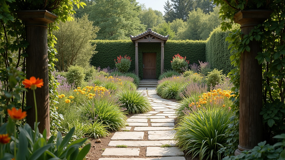 Wide-angle view of an enchanting garden filled with diverse plants and flowers