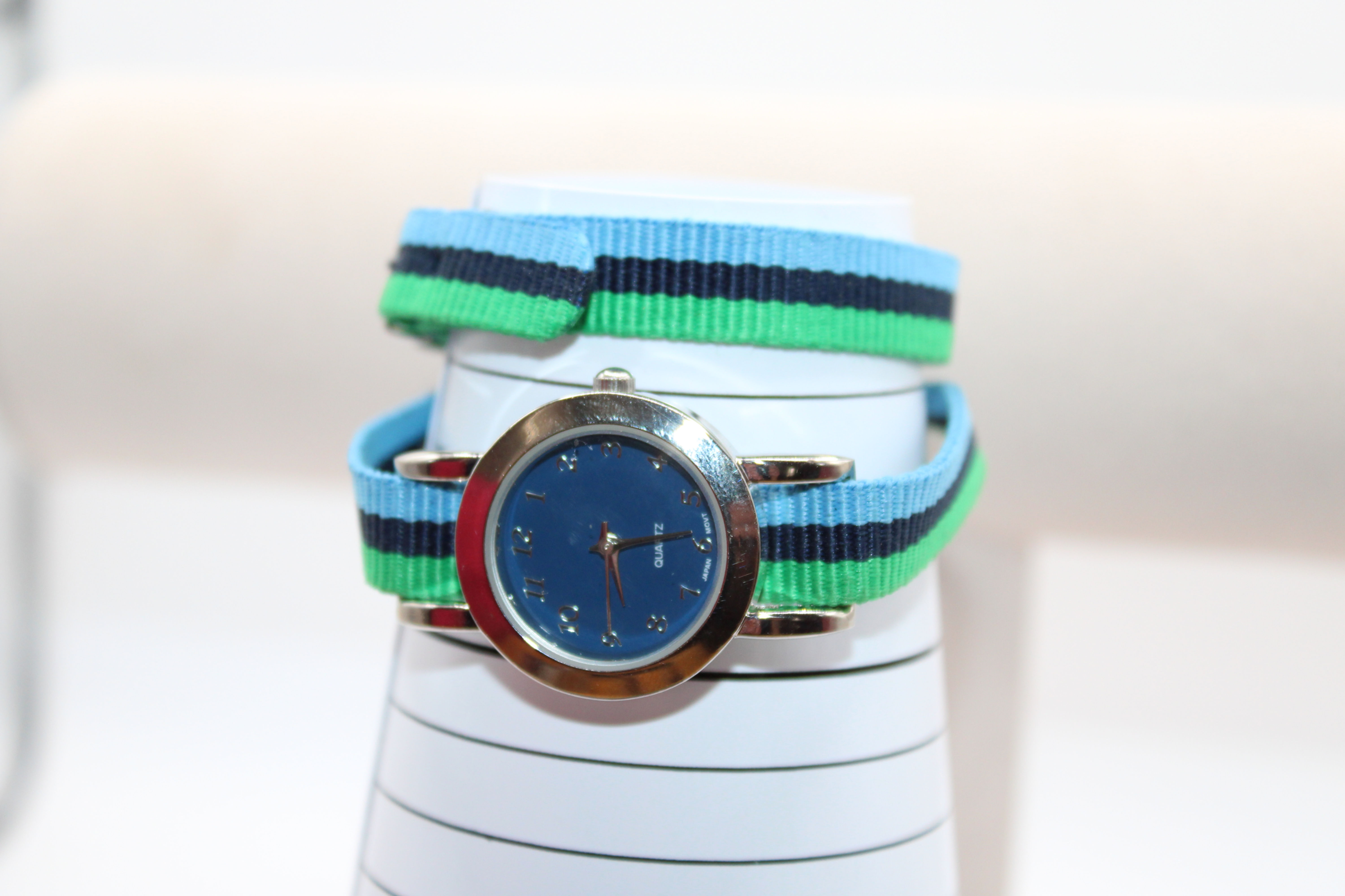 Wrappable Green and Blue Striped Sport Watch Round Face Silver Tone