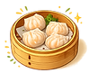 Basket of shrimp dumplings served in a bamboo steamer.