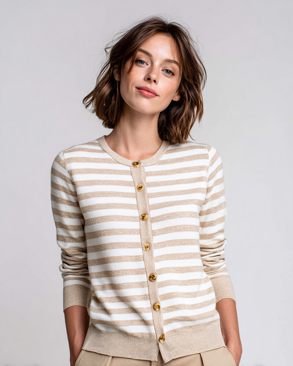 Portrait d’une jeune femme souriante en cardigan rayé beige et blanc.