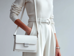 Femme en tenue blanche élégante, avec un sac à bandoulière structuré blanc.