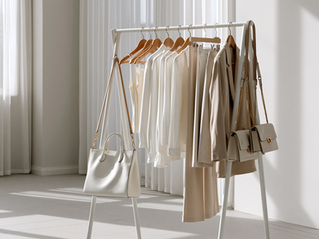 Portant avec des vêtements de différentes matières et des sacs à main assortis.