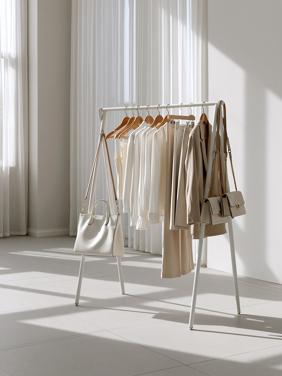 Portant avec des vêtements de différentes matières avec sacs assortis.