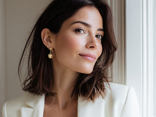 Jeune femme brune souriante portant une veste blanche sur un haut blanc.