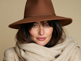 Femme portant un chapeau d'hiver marron en feutre avec une écharpe beige