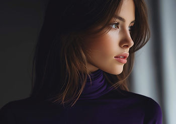 Jeune femme brune carnation claire en pull à col roulet violet regarde au loin en train de réfléchir, lumière sur son visage, fond sombre.