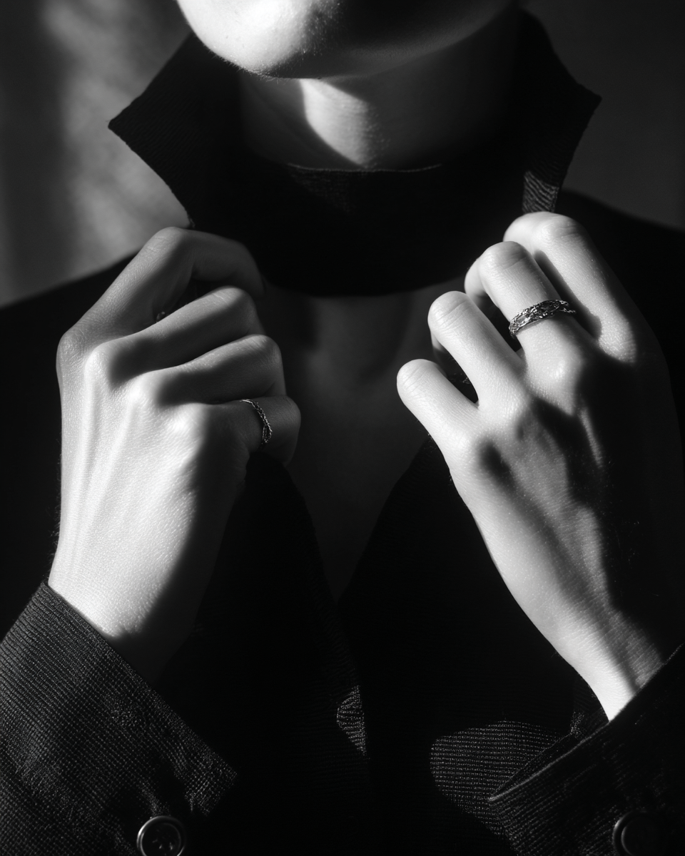 Femme en noir, ajustant un col. Deux bagues visibles et une ambiance sophistiquée.