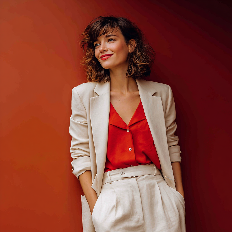 Femme souriante portant un blazer beige et une blouse orange.