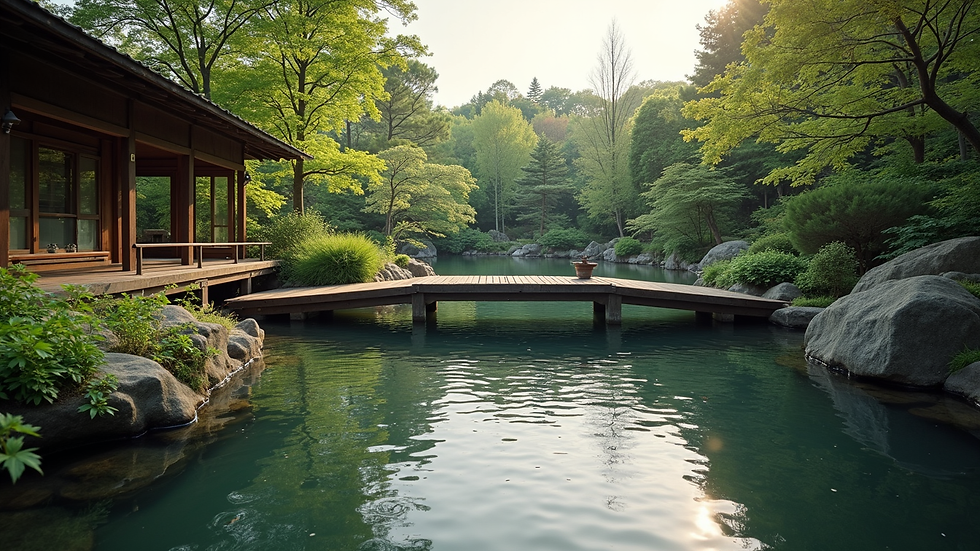Vue en plongée d’un jardin japonais avec pont en bois et bassin
