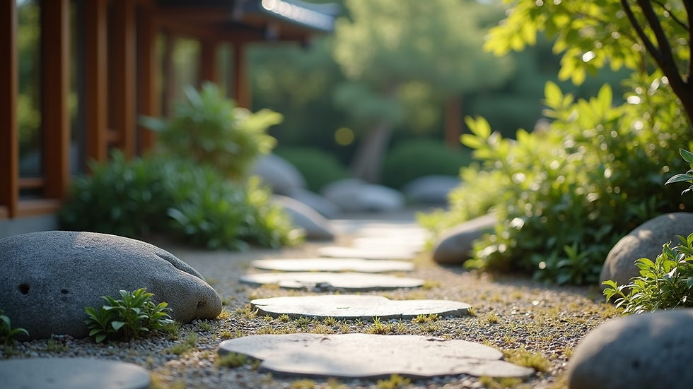 Vue rapprochée d’un jardin japonais avec pierres naturelles et gravier ratissé