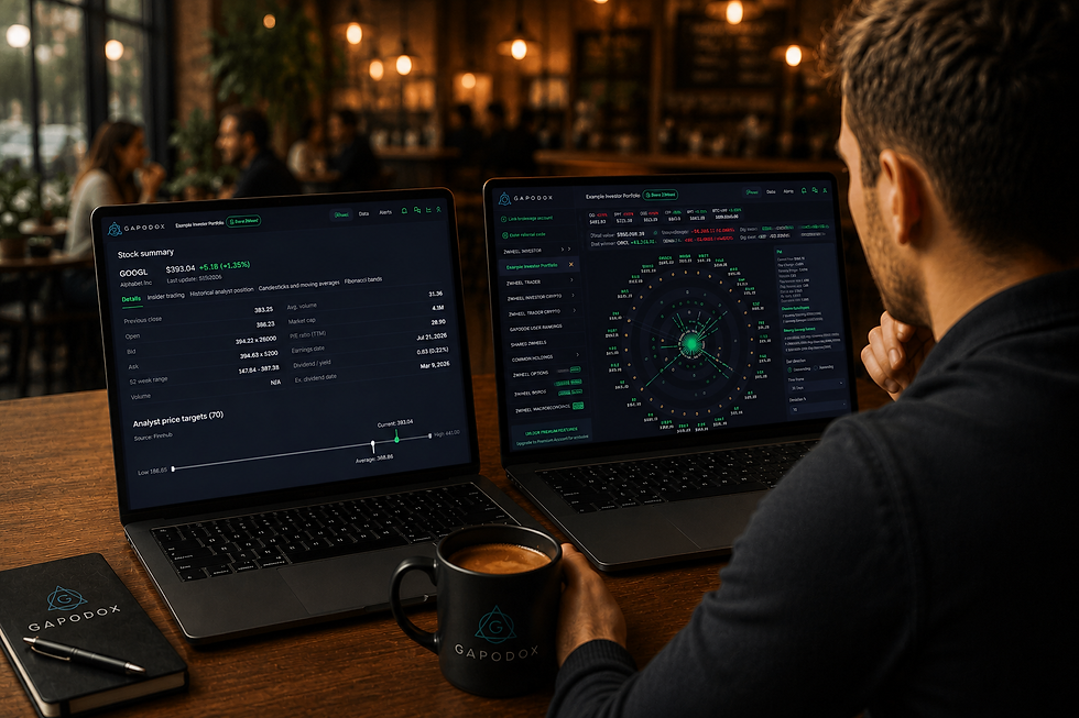 Gapodox portfolio analytics dashboard showing $24.75M total value, 8.72% YTD return, asset allocation breakdown, and sector performance across desktop and mobile