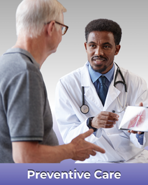 A black doctor is talking to his patient with gray hair.