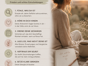 Infografik mit Frau bei Sonnenuntergang und Notizbuch; Titel Emotionale Klarheit, Tipps für innere Ruhe und Selbstvertrauen.