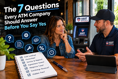 Business owner reviewing questions to ask an ATM company with Hart Communications ATM service in Pennsylvania and Ohio.
