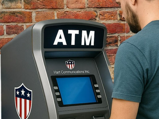 Customer withdrawing cash from a Hart Communications ATM inside a brick-and-mortar business in Pennsylvania or Ohio