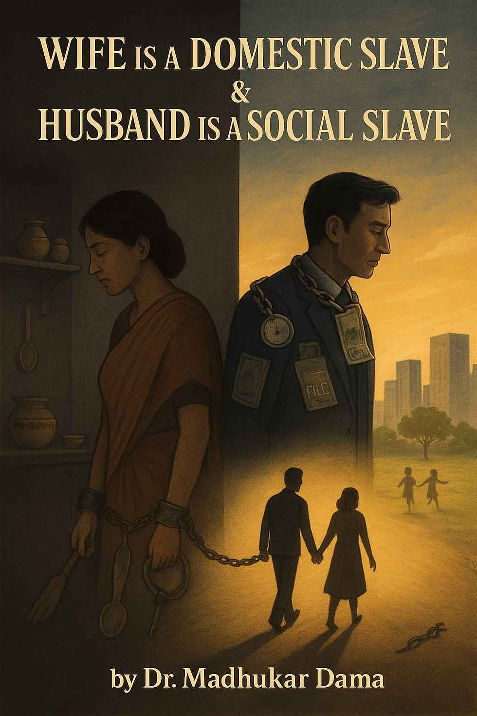 The wife carries her chains inside the home; the husband drags his outside in the world. One serves silently, the other struggles loudly—both bound by roles dressed up as duty and honor. Yet beyond these prisons waits another life, where man and woman walk not as master and servant, nor as slave and slave, but as equals, free to live, love, and create together.