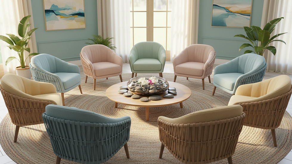 Close-up view of a circle of chairs set up for a support group meeting