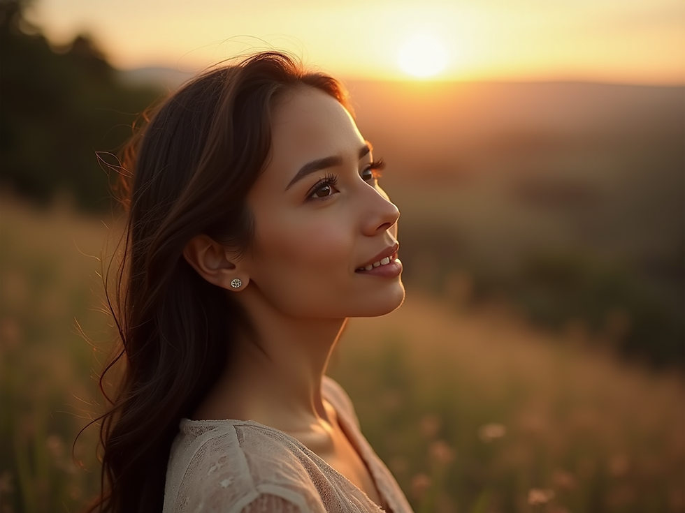 A serene portrait of a Hispanic woman looking gently towards the light, conveying hope and