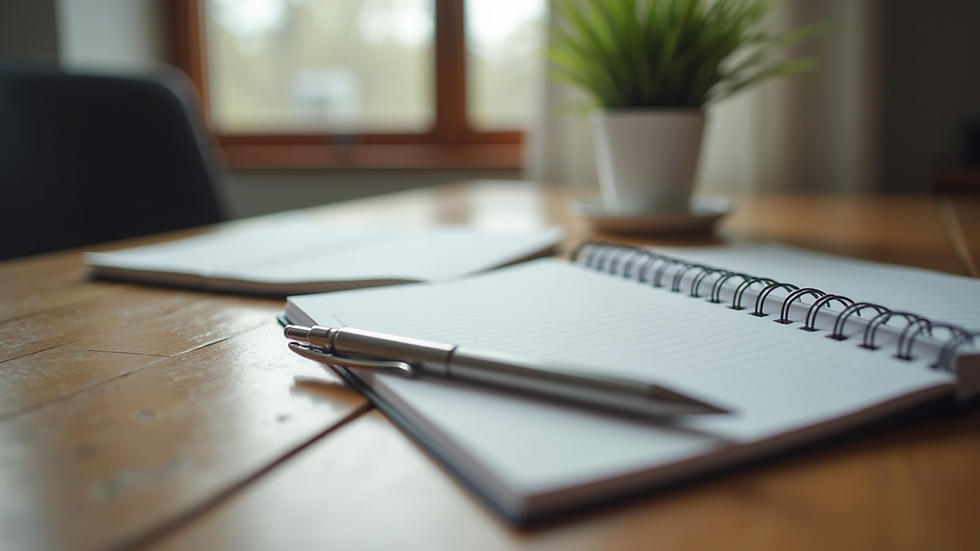 Close-up view of a therapist’s notebook and pen on a wooden desk