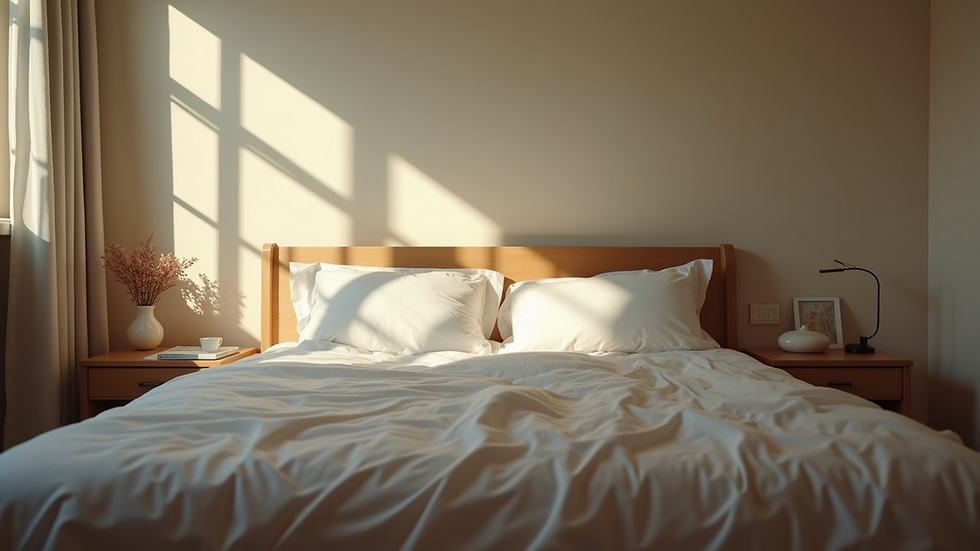 Eye-level view of a cozy bedroom with soft lighting and a neatly made bed