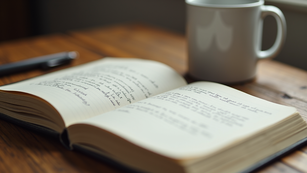 Close-up view of a journal with handwritten notes and a pen on a wooden table