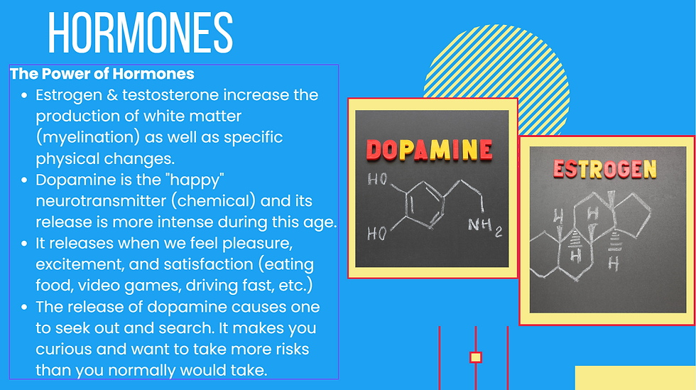 Hormones also play an important role during the teenager years. Slide created by Leilani Melendez.