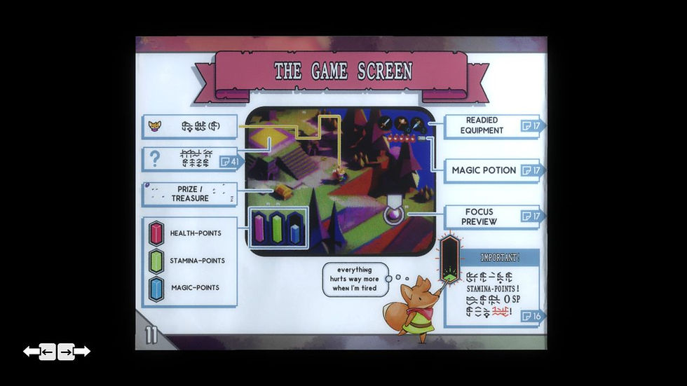 Gameplay screenshot of Tunic; gradually manual pages are discovered, but they are written in a language with runes.