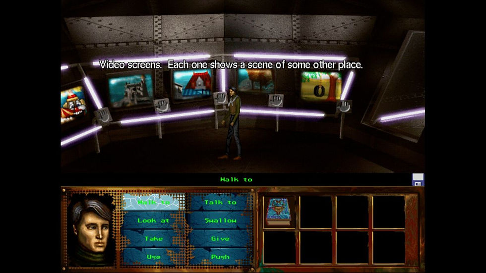 Gameplay screenshot from I Have No Mouth and I Must Scream. Each screen offers an account of Ted's life, forcing him to reckon with it.