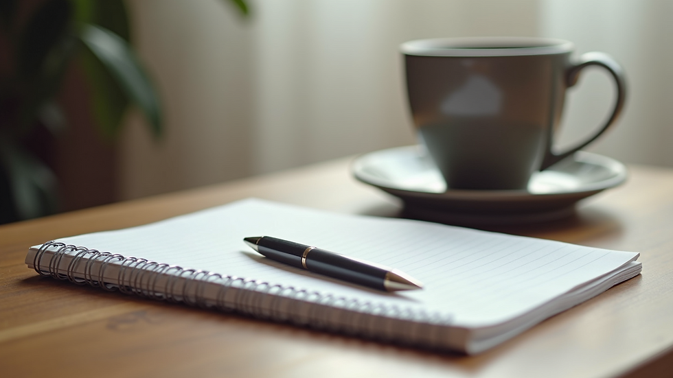 Close-up view of a notebook and pen beside a cup of tea during an online therapy session