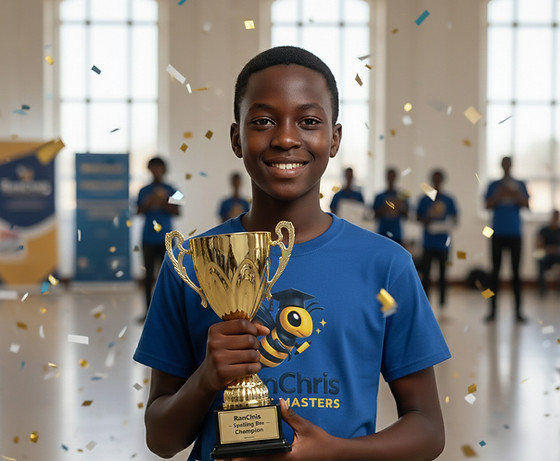 A young boy proudly holding the champion’s trophy at the RanChris WordMasters Spelling Bee competition.
